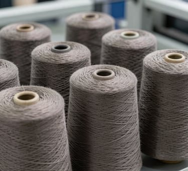 Spools of knitting yarn in rich hues displayed against a sleek black background.