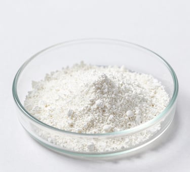 macro close-up of pure white supplement powder on a clean glass petri dish, bright high-key lighting, clinical laboratory aesthetic, sharp focus, 50mm