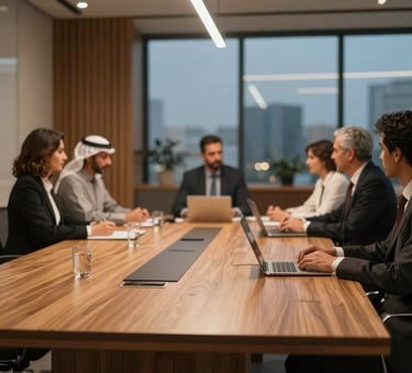 Modern office workspace with professionals collaborating over documents.