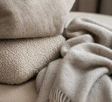 Modern Living Room Textiles Close-Up | Neutral Linen, Bouclé & Wool Layers (Luxury Interior Styling)