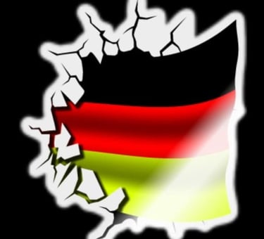 a flag of germany with a broken window