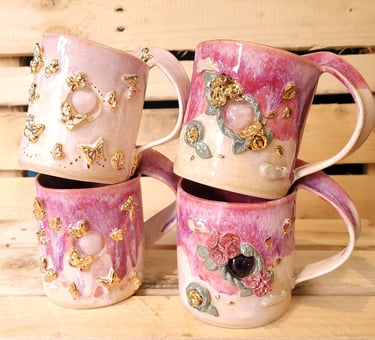 Irish handmade butterfly mugs, crystal mugs with rose quartz or amethyst