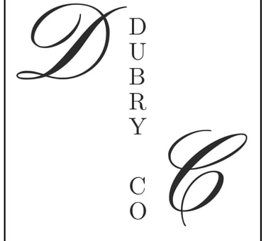 Elegant Dubry Co logo featuring black script initials and serif typography in a square frame.