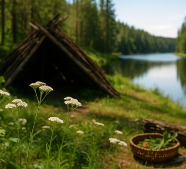 Lean-to shelter in wilderness with edible wild plants in foreground and forest lake behind