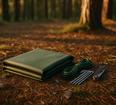 Bushcraft tarp shelter kit with green tarp, paracord, stakes, and stakes bag on forest floor