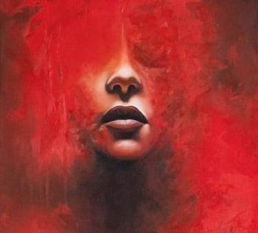Red-toned painting of a woman's face with obscured eyes and prominent lips.