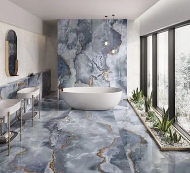 a bathroom with a tub tub and a large window