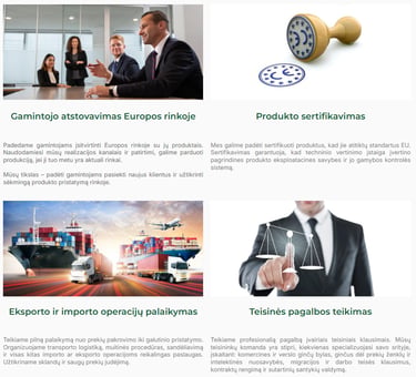 Infographic showing European market representation, product certification with CE mark, global logistics, and legal services.