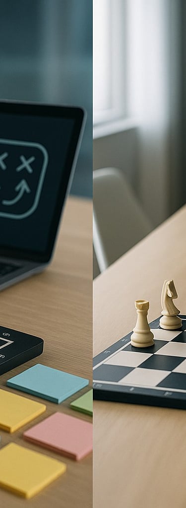 Strategic documents and chess pieces on a table, represent business strategy & innovation.