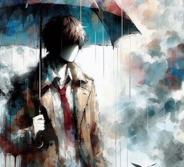 Anime artwork featuring a Man In a brown Jacket holding an umbrella in the rain | simcaart.com Anime
