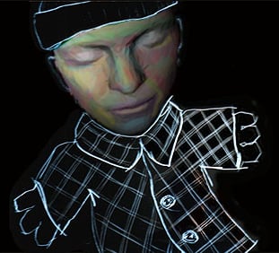 3d face of a woman with a draw coat on a black background