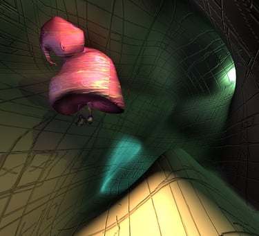 a red character standing in a curved space