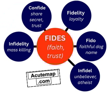 FIDES root word examples with Hindi-English meanings and trust-related vocabulary