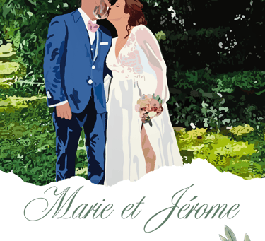 a wedding invitation with a bride and groom