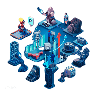 a group of people standing around a large group of robots