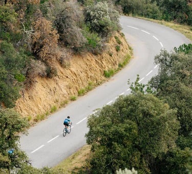 Liz Hughes, a female cyclist descending a mountain on a road bike.