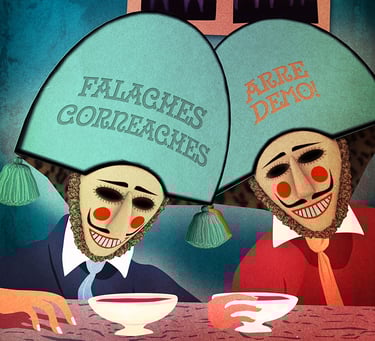 two people with masks on their heads drinking wine