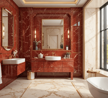 Baño Art Déco moderno con mármol rojo, tonos claros y grifería dorada