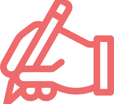 Red outline icon of a hand holding a pencil and writing on a surface.
