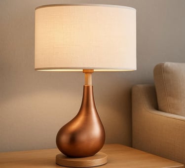 Brass shaped oval base with lilen shade table lamp