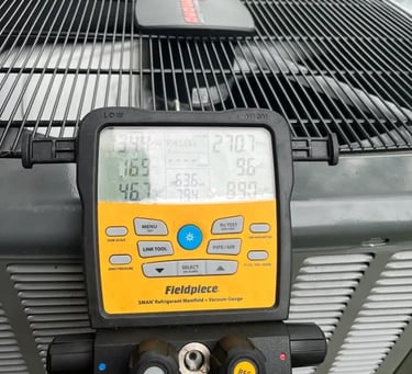 Technician checking refrigerant levels of split AC with gauge tools