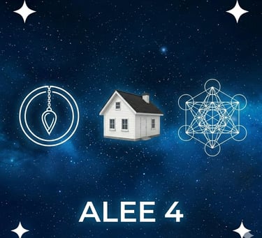 un pendule, une maison blanche et le cube de métatron dans un ciel de nuit