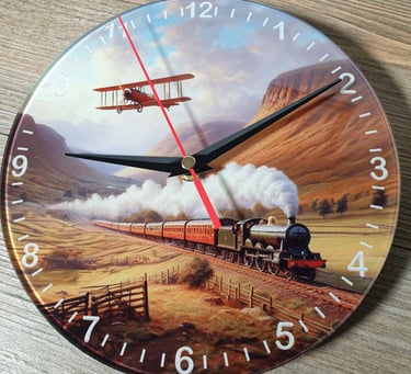 Sublimation glass clock. Railway, Biplane, art painting