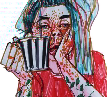 A shetch of a woman with a cup of coffee by mone Kielė