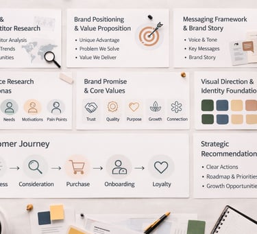 Brand strategy showing key components including market research, audience personas, brand positioning, messaging