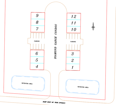 site plan layout for the 4 garage condos and 12 separate condo sites