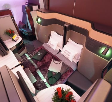 Qatar Airways Qsuite Boeing 777 and Airbus A350.