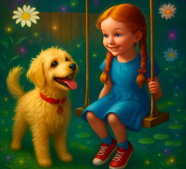 a girl sitting on a swing set with a dog