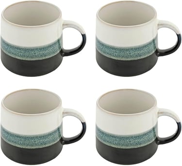 Set of four ceramic coffee mugs with a three-tone ombre design in cream, teal, and charcoal grey.