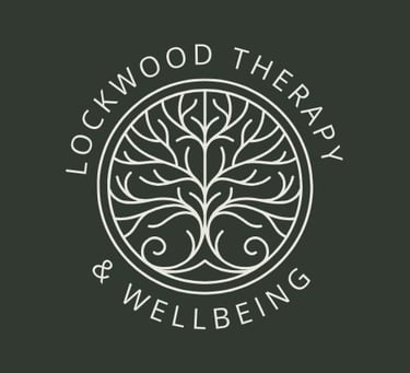 Lockwood Therapy and wellbeing logo, dark forest green background with white text and image
