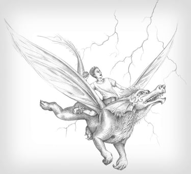 Boy riding a flying dragon