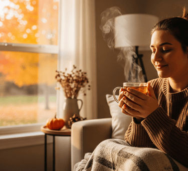 a woman sitting on a couch with a cup of tea