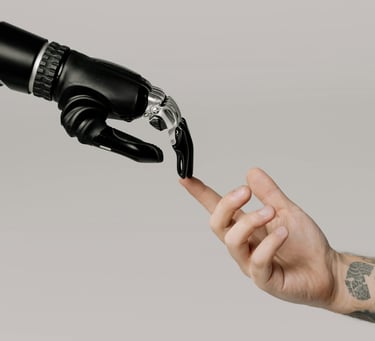 Human hand connecting with robotic hand representing collaboration between AI technology and thedigiwold.in