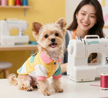 Un perro pequeño y adorable, vestido con ropa colorida hecha a medida, junto a una máquina de coser