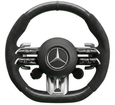 Mercedes-AMG performance steering wheel featuring carbon fiber, Alcantara grips, and integrated controls.