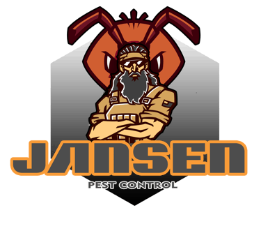 Jansen Pest Control logo featuring a bearded exterminator mascot in front of a large red ant.