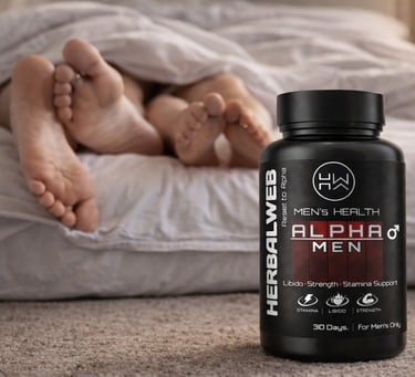 Alpha Men libido and stamina support supplement bottle in front of a couple in bed.
