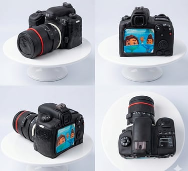 Torta 3D realista de cámara fotográfica creada por Cocina con Ely, elaborada artesanalmente en fonda