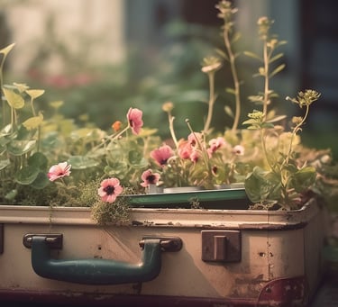 valise avec des fleurs plantées dedans