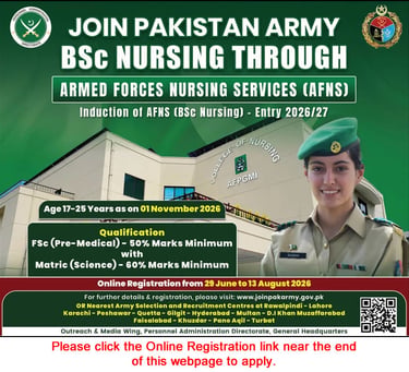 Pakistan Army AFNS BSc Nursing 2026 female registration advertisement