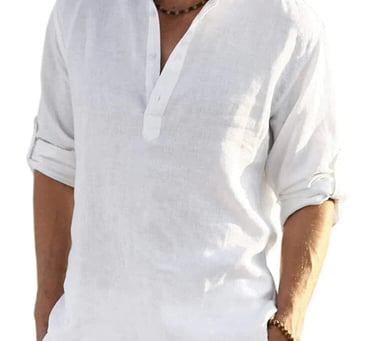 a man in a white Henley style shirt and shorts