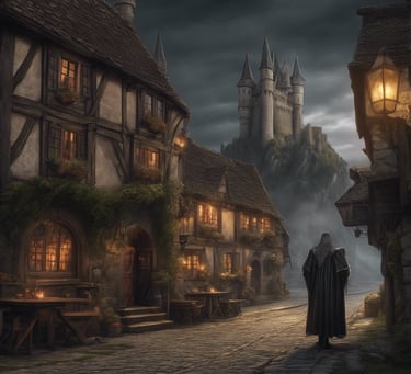 castle looming in the bacground of a small village