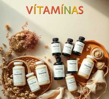 Colección de suplementos vitamínicos naturales sobre fondo beige, frascos de vitaminas orgánica