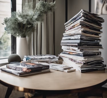 una pila di riviste sopra un tavolino rotondo