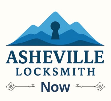 Blue Ridge Mountains logo with key integrated into the mountain design, ' Asheville Locksmith Now' text below, between keys