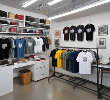 A variety of colorful t-shirts are displayed on wooden hangers under a white canopy. The t-shirts feature different graphics and designs, including one prominently displaying the Mickey Mouse logo. The setting appears to be an outdoor market or pop-up shop.